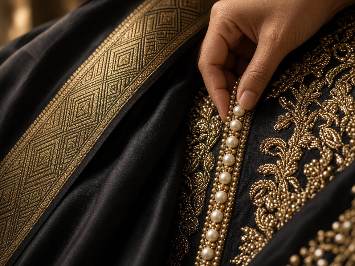 Gold zari border and pearl-zardozi blouse detail from a custom Royal Creation saree