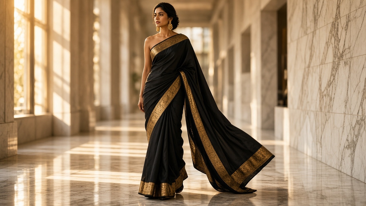 Cinematic modern black-and-gold pre-draped silk saree in a sunlit marble gallery