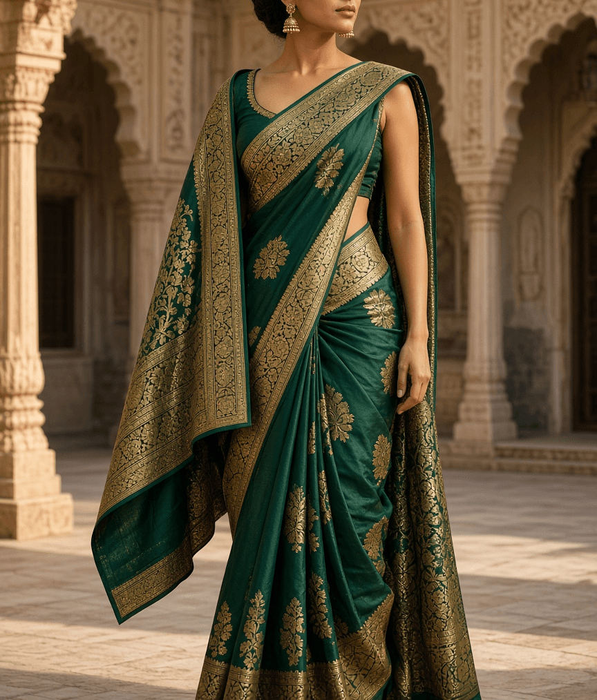 Emerald silk saree with a unique structured cape pallu and modern sleeveless blouse