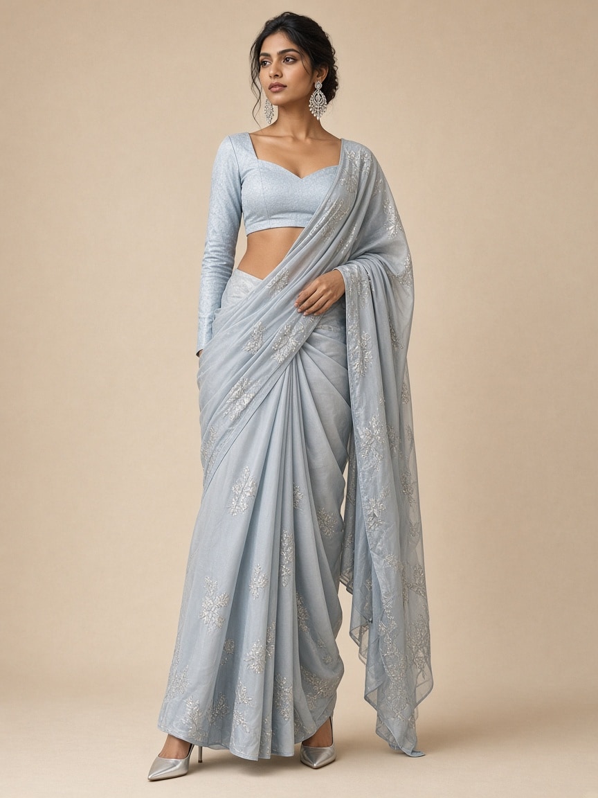Powder-blue ready-to-wear pre-draped saree with a contemporary cropped blouse