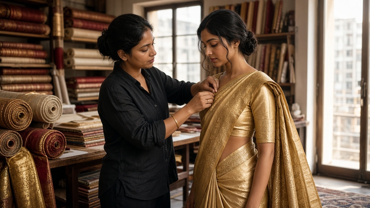 Stylist pinning a gold silk pallu in the Royal Creation Surat custom atelier