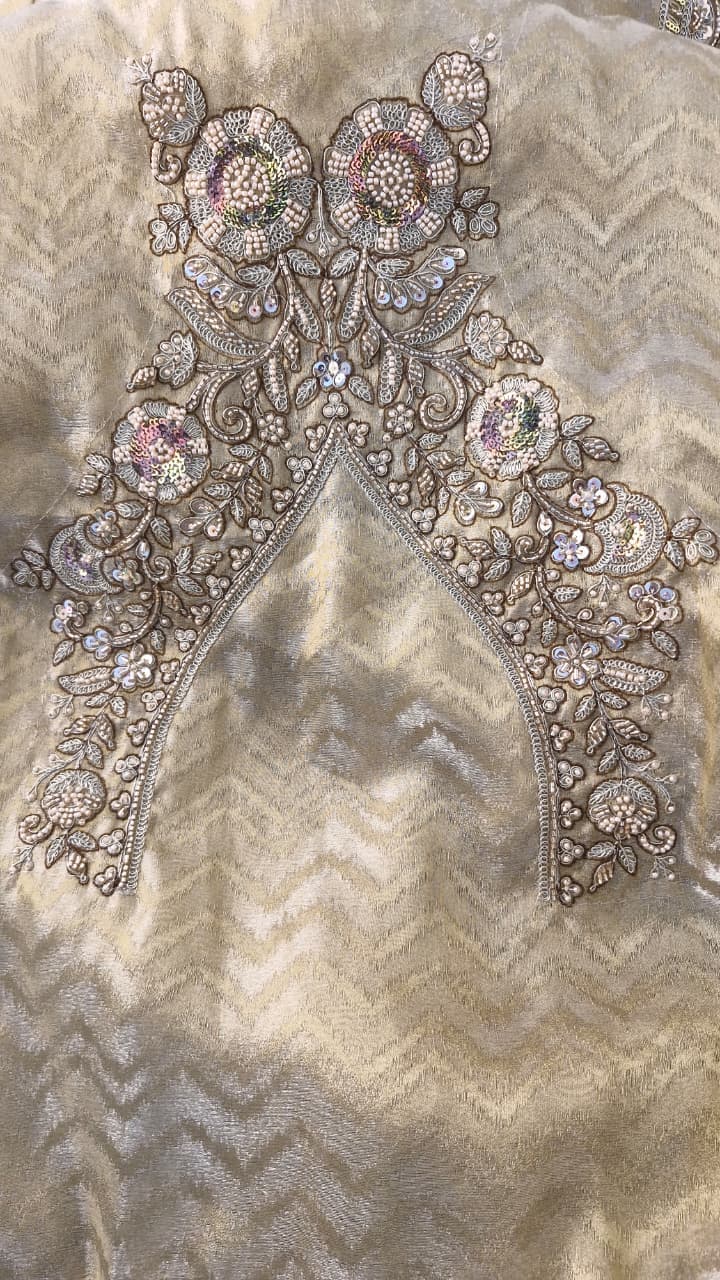 Champagne Gold Jacquard Saree with Floral Sequin Embroidery & Blouse — photo 10