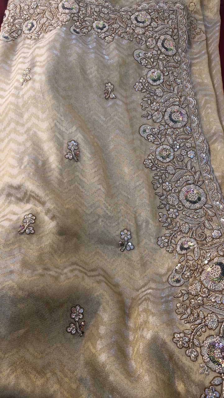 Champagne Gold Jacquard Saree with Floral Sequin Embroidery & Blouse — photo 5