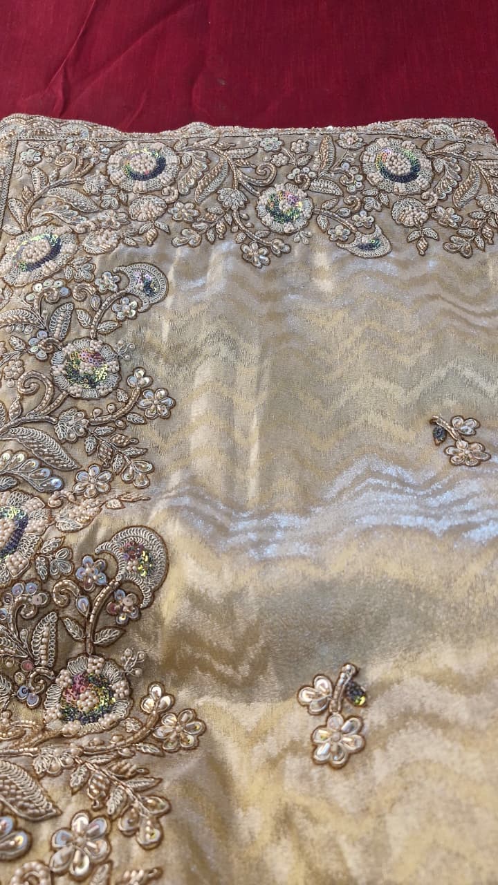 Champagne Gold Jacquard Saree with Floral Sequin Embroidery & Blouse — photo 9