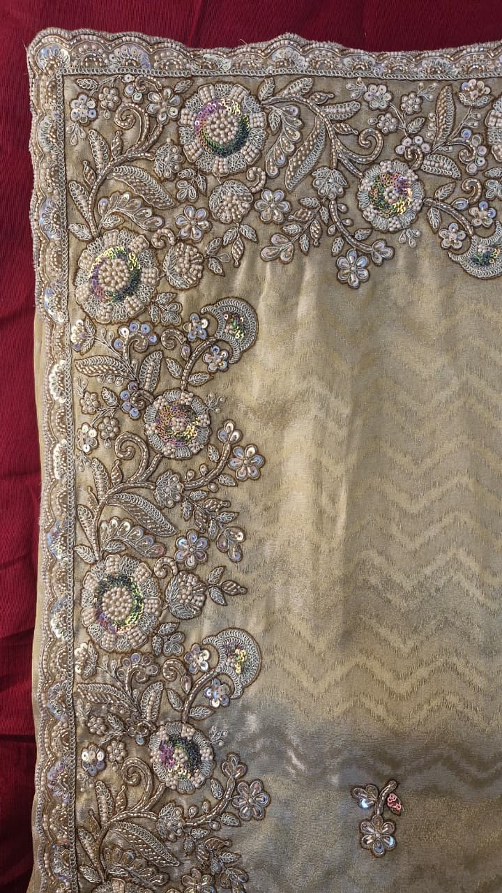 Champagne Gold Jacquard Saree with Floral Sequin Embroidery & Blouse — photo 2