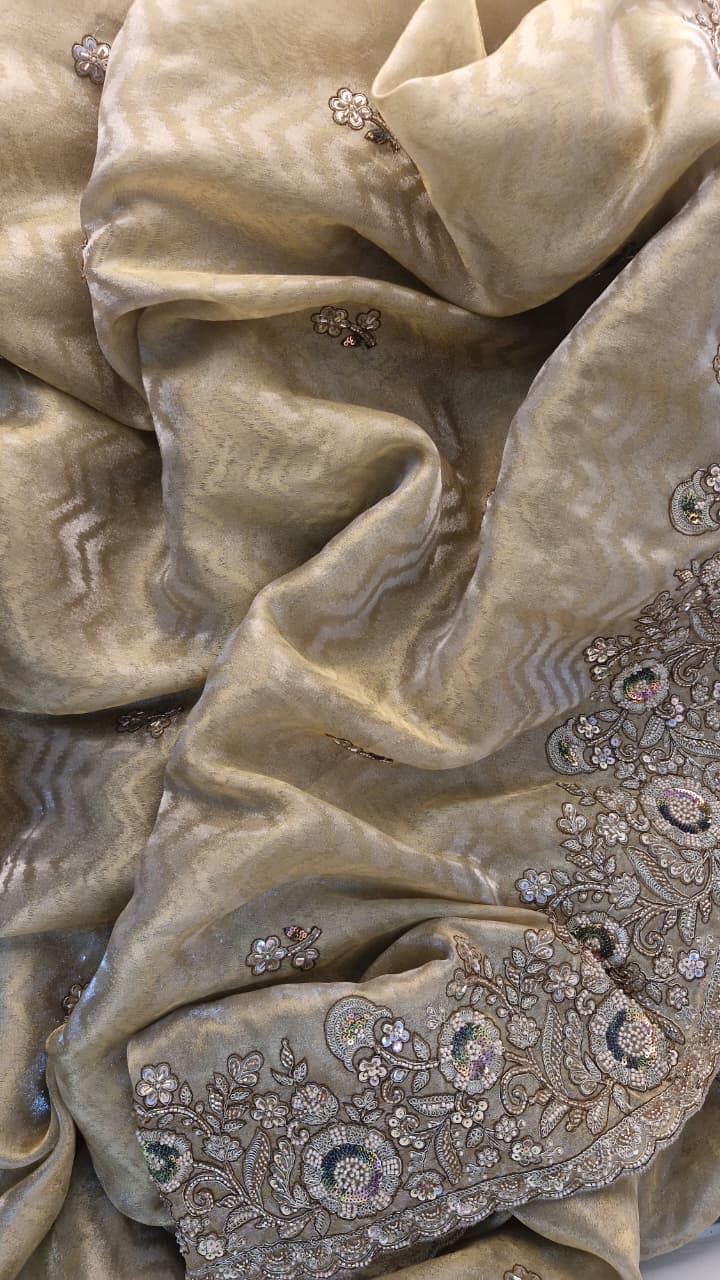 Champagne Gold Jacquard Saree with Floral Sequin Embroidery & Blouse — photo 3