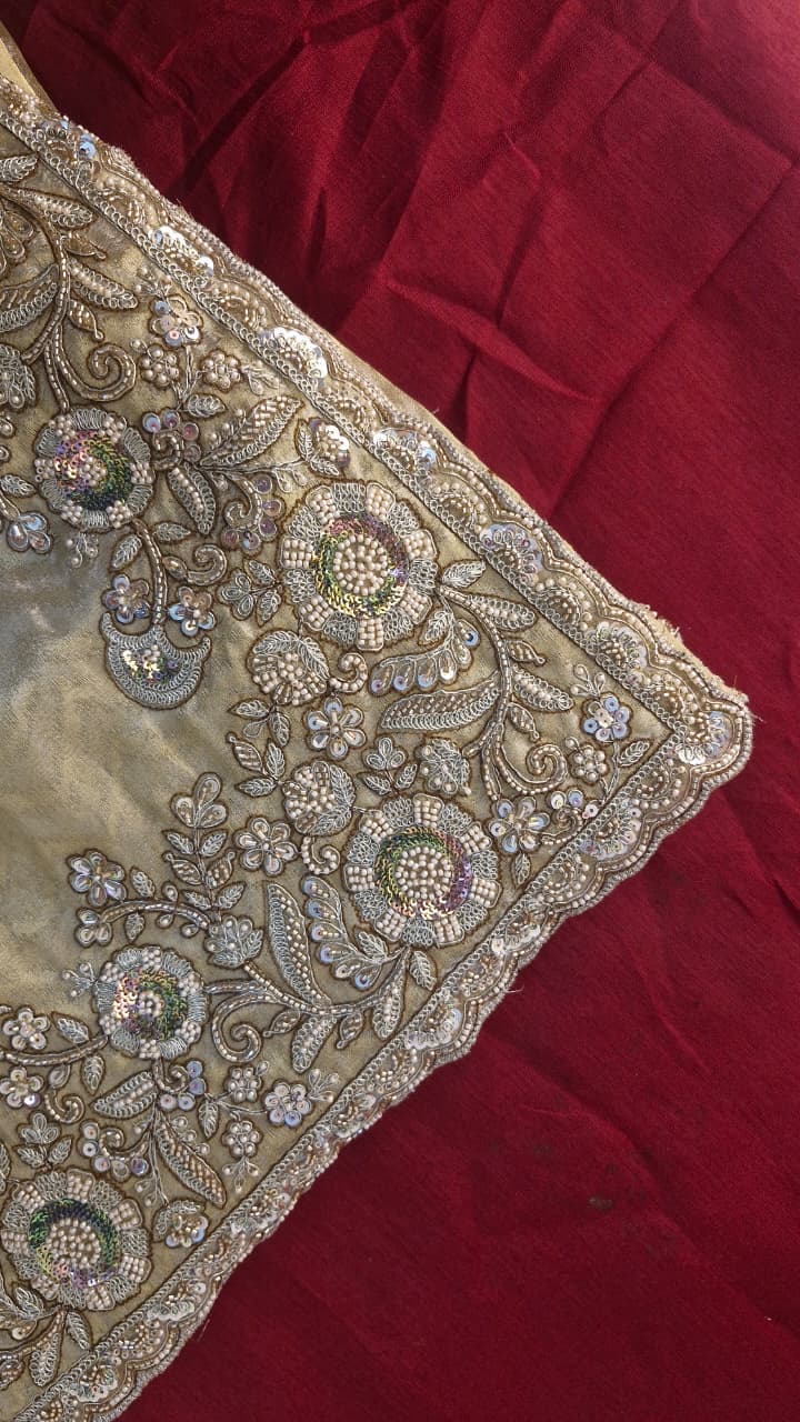 Champagne Gold Jacquard Saree with Floral Sequin Embroidery & Blouse — photo 8