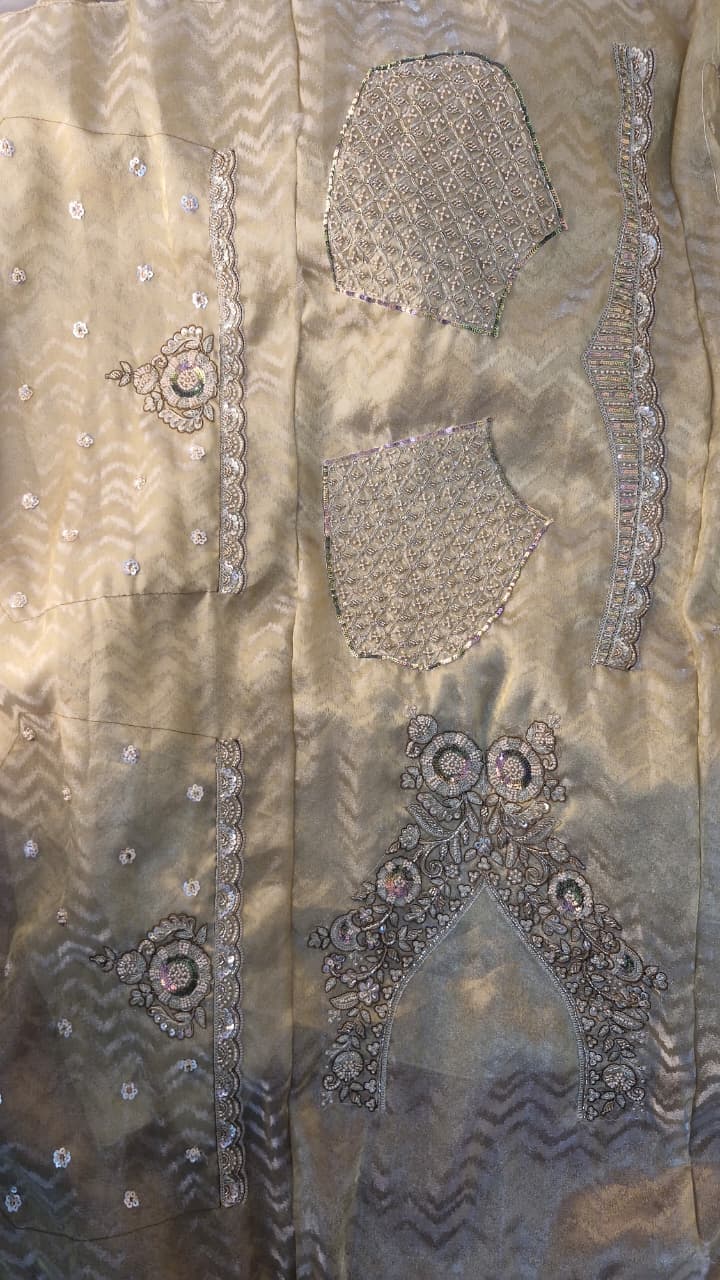 Champagne Gold Jacquard Saree with Floral Sequin Embroidery & Blouse — photo 6