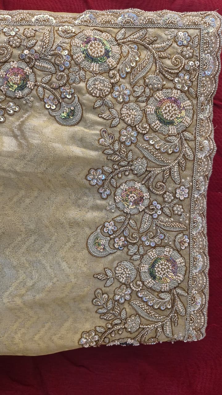 Champagne Gold Jacquard Saree with Floral Sequin Embroidery & Blouse — photo 7