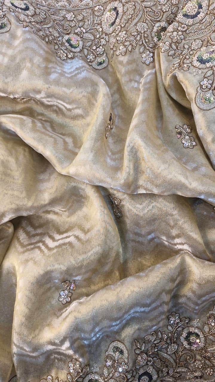 Champagne Gold Jacquard Saree with Floral Sequin Embroidery & Blouse — photo 4