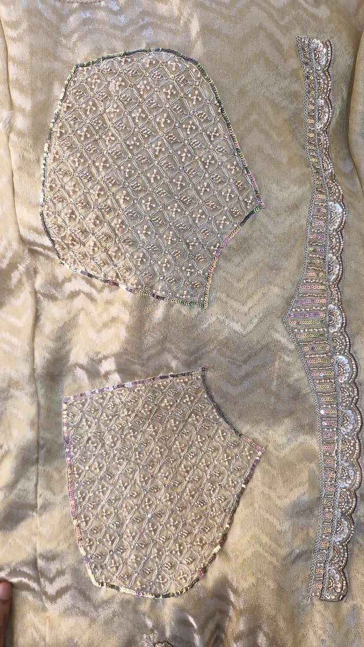 Champagne Gold Jacquard Saree with Floral Sequin Embroidery & Blouse — photo 18