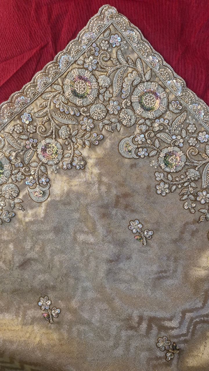 Champagne Gold Jacquard Saree with Floral Sequin Embroidery & Blouse — photo 11