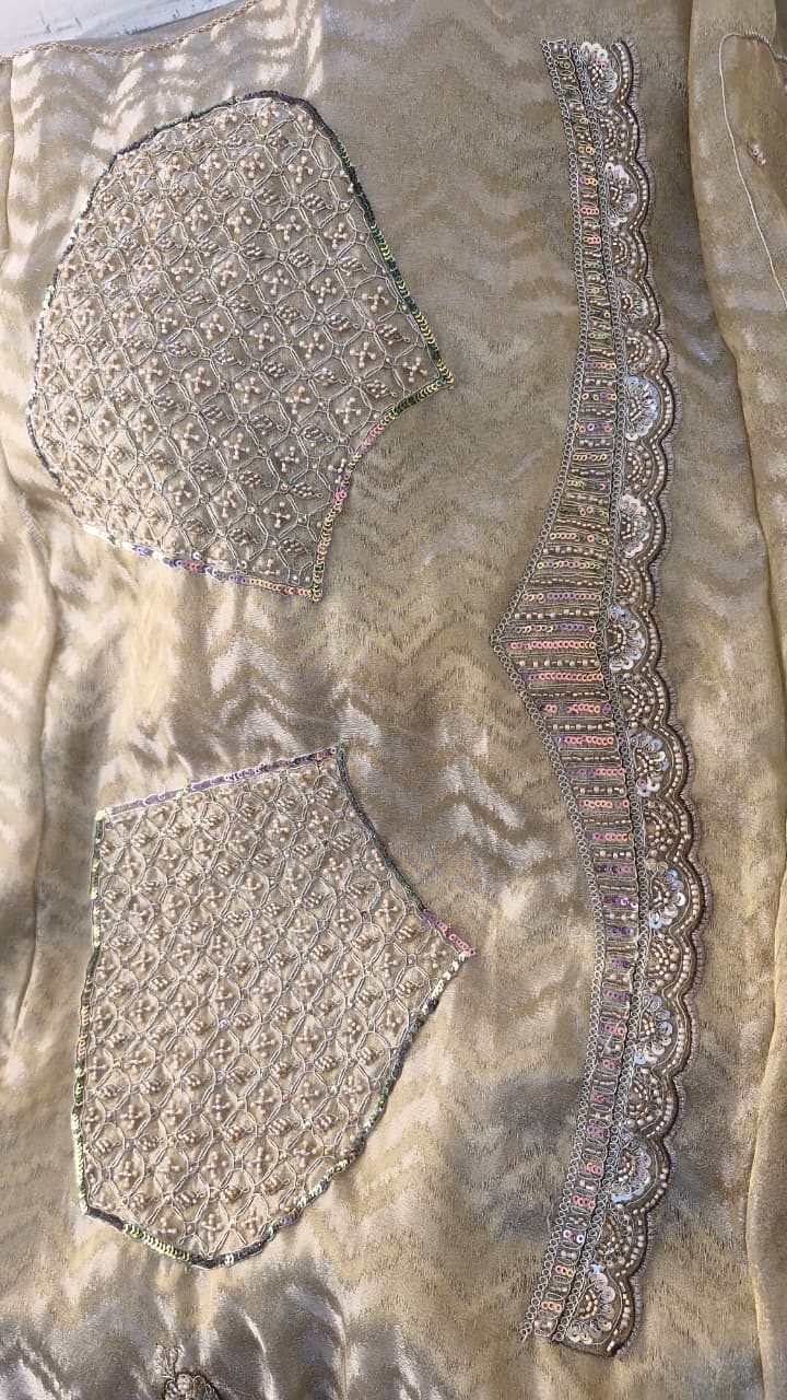 Champagne Gold Jacquard Saree with Floral Sequin Embroidery & Blouse — photo 17