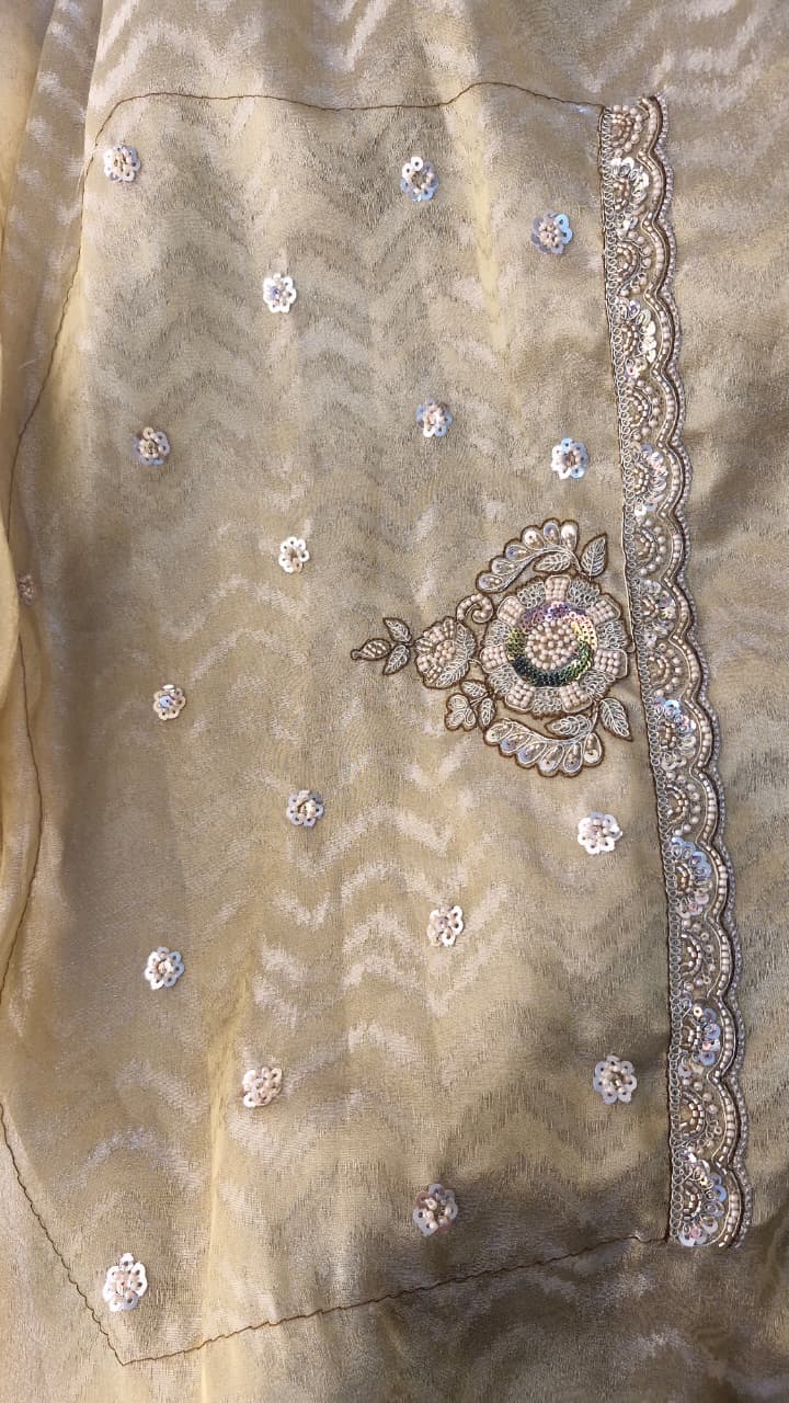 Champagne Gold Jacquard Saree with Floral Sequin Embroidery & Blouse — photo 15