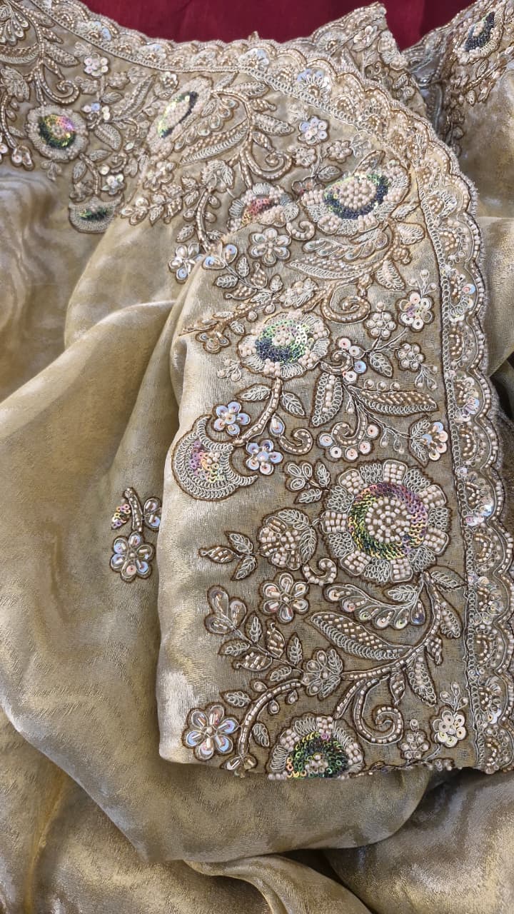 Champagne Gold Jacquard Saree with Floral Sequin Embroidery & Blouse — photo 14