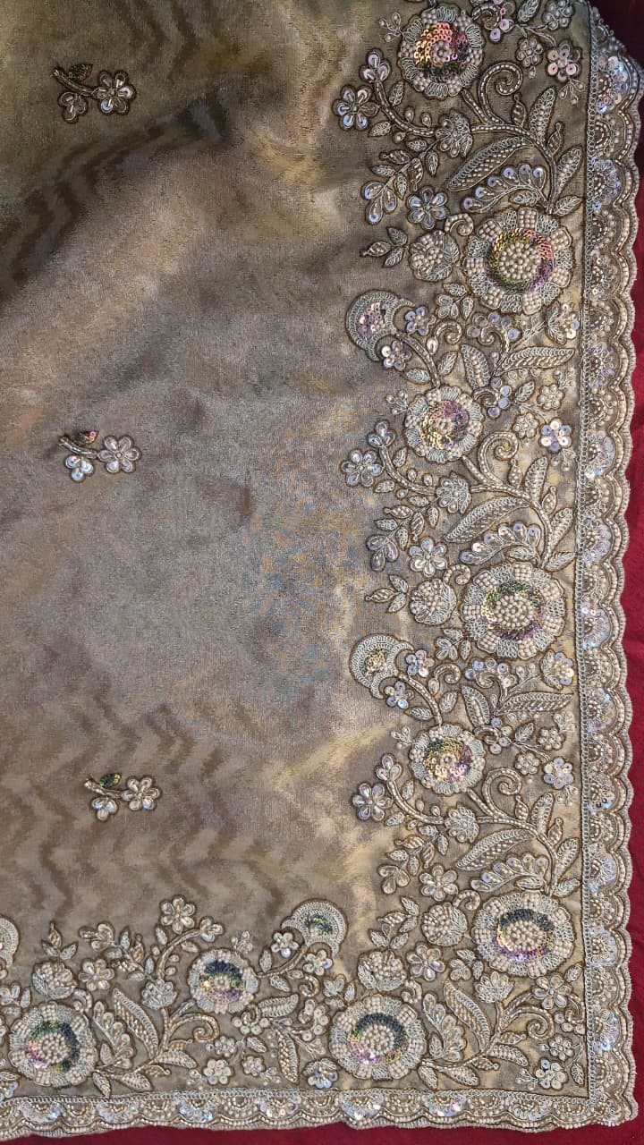 Champagne Gold Jacquard Saree with Floral Sequin Embroidery & Blouse — photo 13