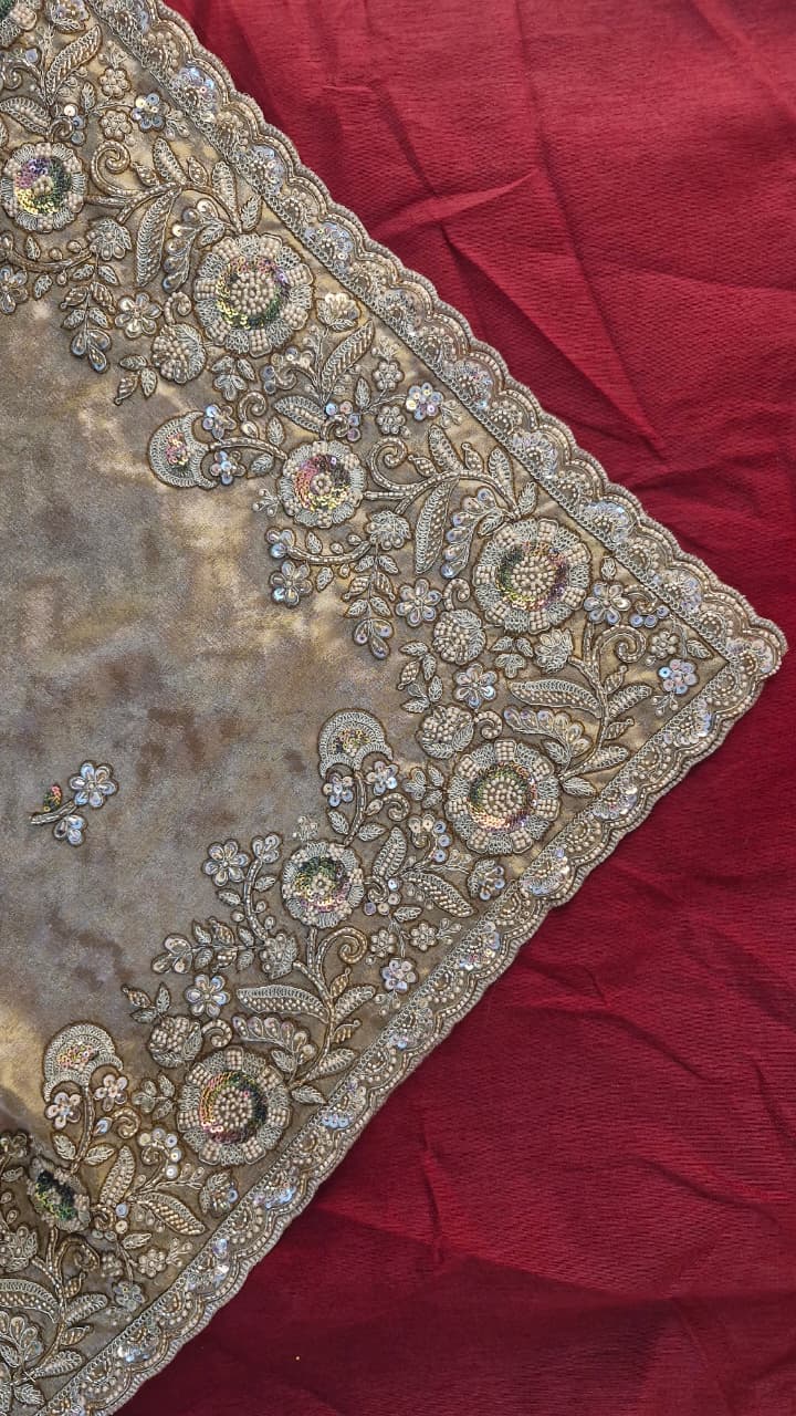 Champagne Gold Jacquard Saree with Floral Sequin Embroidery & Blouse — photo 12