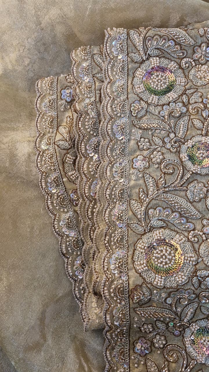 Champagne Gold Jacquard Saree with Floral Sequin Embroidery & Blouse — photo 19