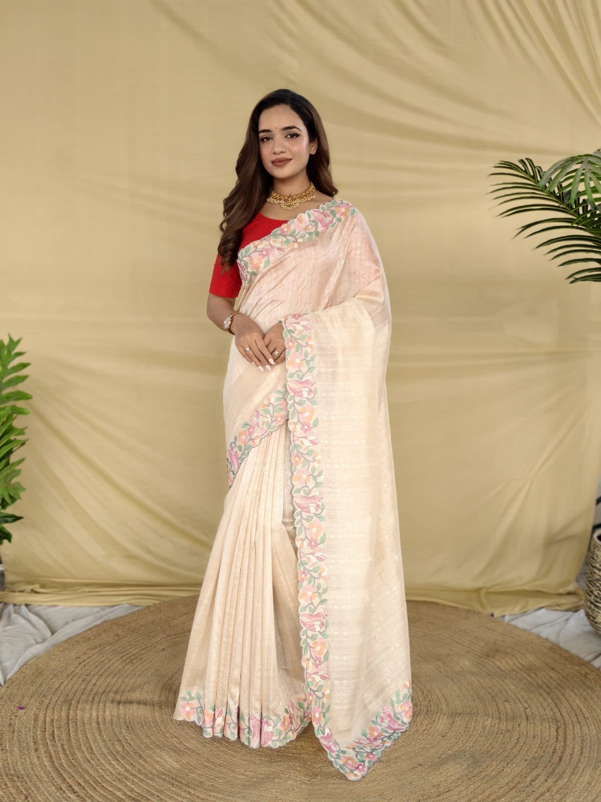 Pure Tussar Saree with Floral and Bird Embroidery